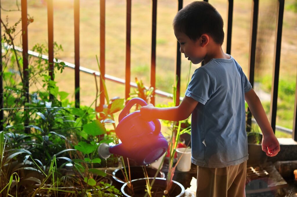 tree, watering, child